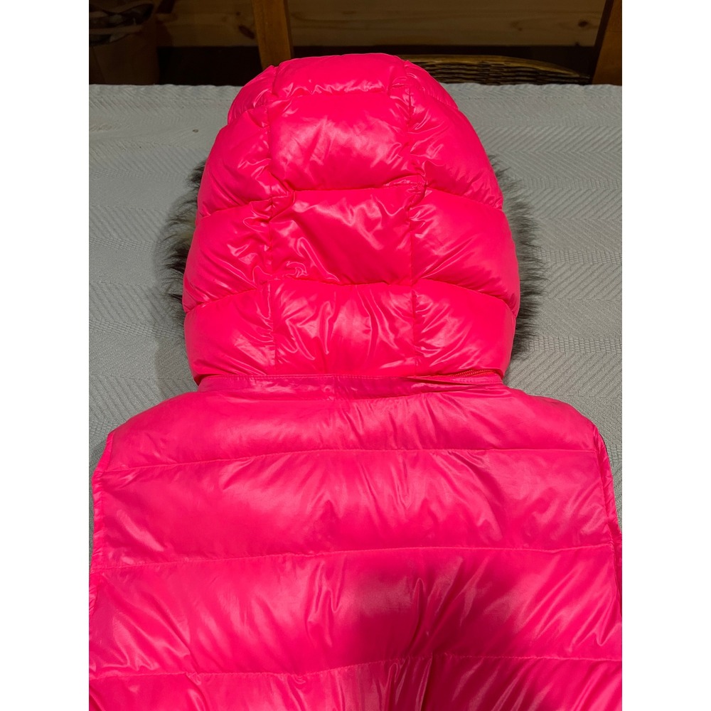 American Eagle Neon Pink Down Puffer Vest Detachable Faux Fur Hood Women Small - Picture 7 of 7